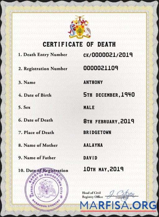 Realistic Barbados death certificate PSD template
